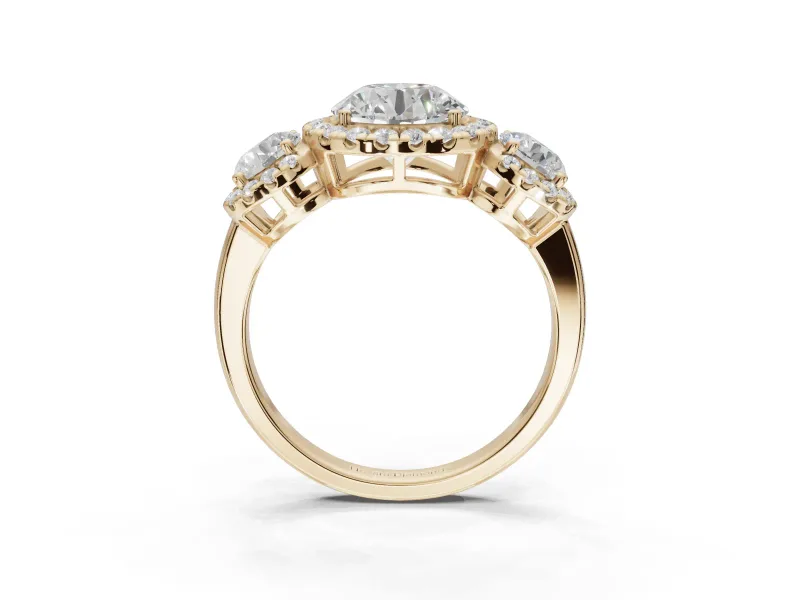 Round Three Stone Halo Engagement Ring Setting | Haloed Side Stones | Yellow Gold