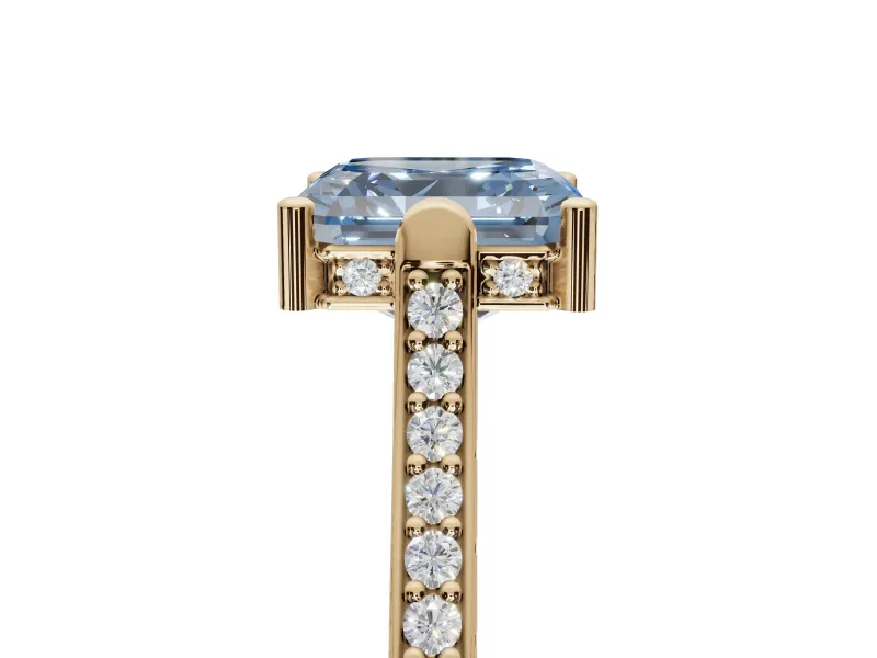 Asscher Cut Vintage Cathedral Engagement Ring Setting for a Fancy Blue Lab-Grown Diamond | Carved Band | Yellow Gold