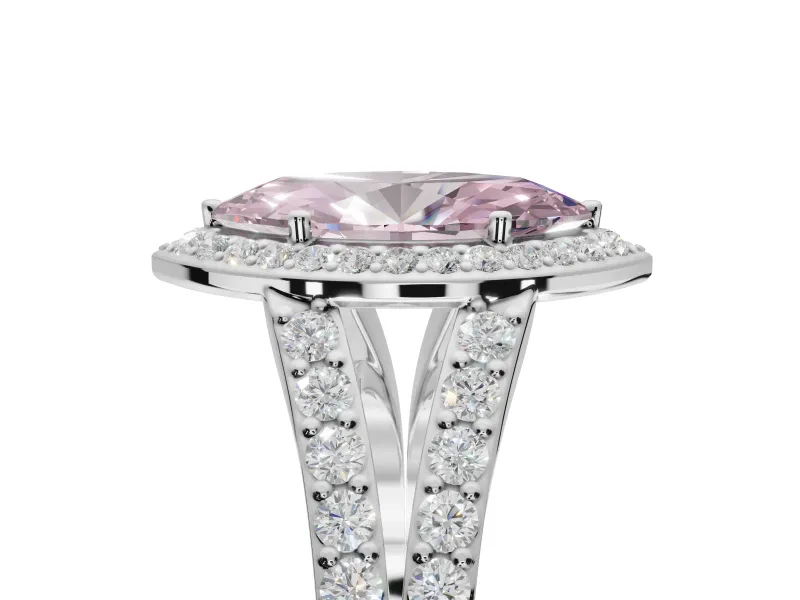 Marquise Halo Pavé Engagement Ring Setting for a Fancy Pink Lab-Grown Diamond | Narrow Split Shank | White Gold