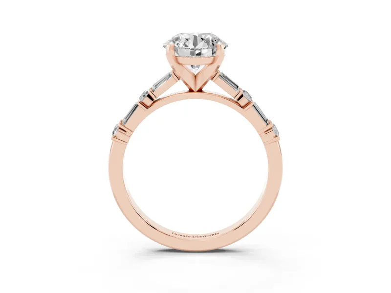 Round Cut Diamond Solitaire Set in Rose gold with Side Baguettes and Channel Set Band