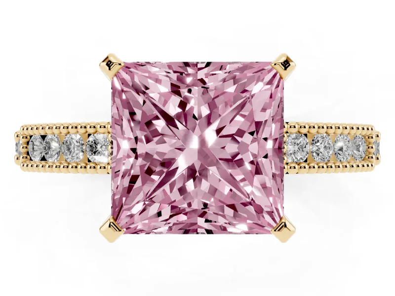 Fancy Pink Princess Cut Diamond Solitaire Ring Set in Yellow gold with Slim Pavé Band and Prong Setting