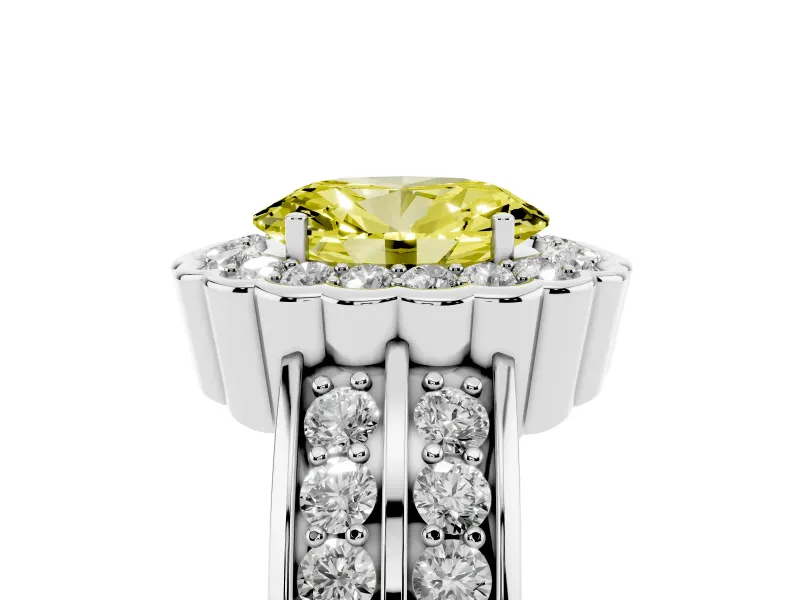 Fancy Yellow Oval Cut Diamond Scalloped Halo Ring Set in Platinum with Pavé Split Shank