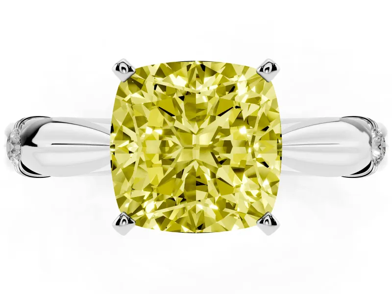 Fancy Yellow Cushion Cut Diamond Solitaire Twisted Band Ring Set in Platinum with Accent Stones and Prong Setting