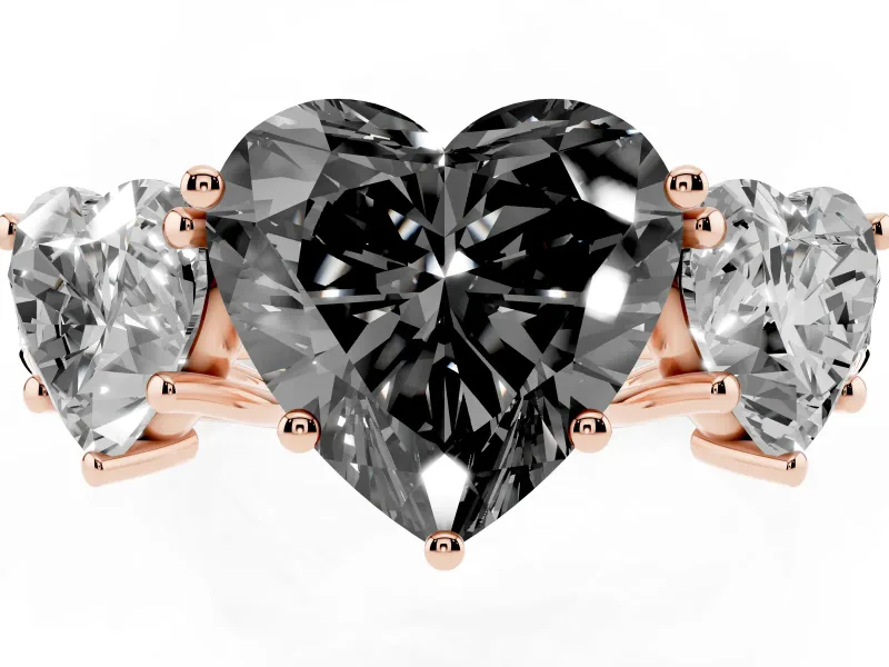 Fancy Black Heart Cut Diamond Three-Stone Ring Set in Rose gold with Pavé Band