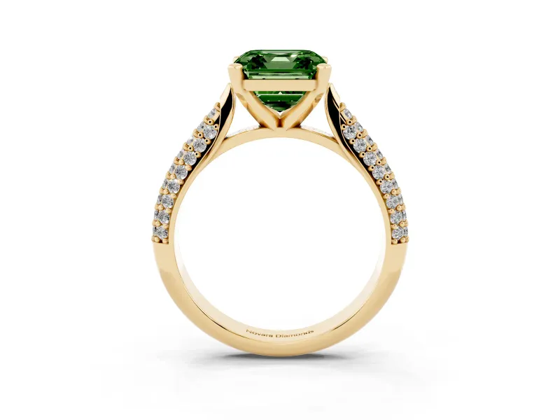 Fancy Green Asscher Cut Diamond Solitaire Engagement Ring Set in Yellow gold with Multi-Row Round Pavé Band and Prong Setting
