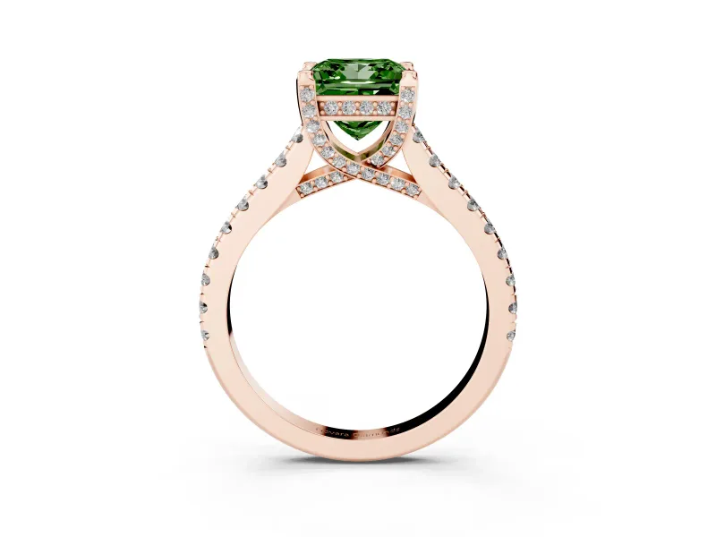 Princess Cut Hidden Halo Pave Engagement Ring Setting for a Fancy Green Lab-Grown Diamond | Claw Prongs | Rose Gold