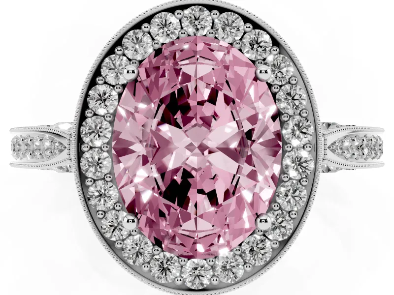 Oval Vintage Milgrain Halo Engagement Ring Setting for a Fancy Pink Lab-Grown Diamond | Side Stones and Pave | Platinum