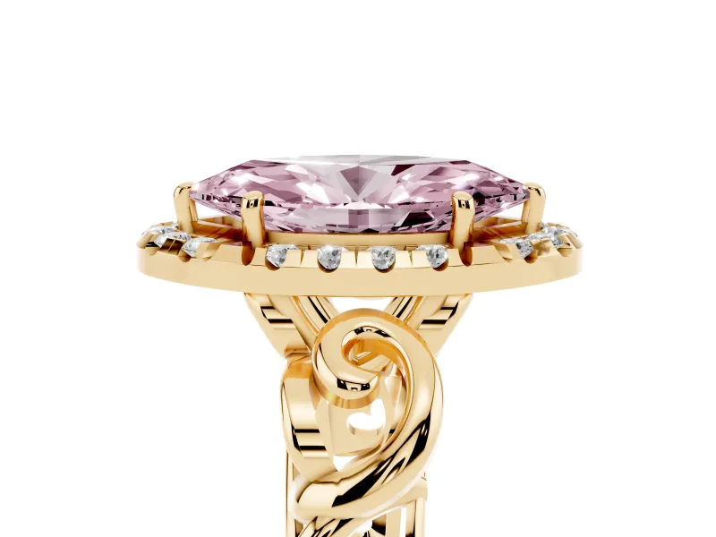 Fancy Pink Marquise Cut Diamond Halo Ring Set in Yellow gold with Scrollwork Band and Prong Setting