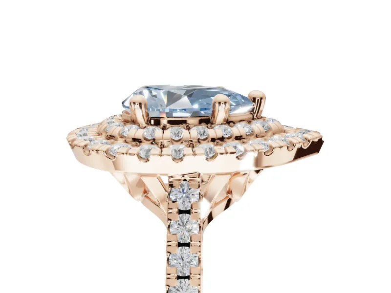 Fancy Blue Pear-Shaped Lab-Grown Diamond Double Halo Statement Ring Set in Rose Gold with Pavé Band