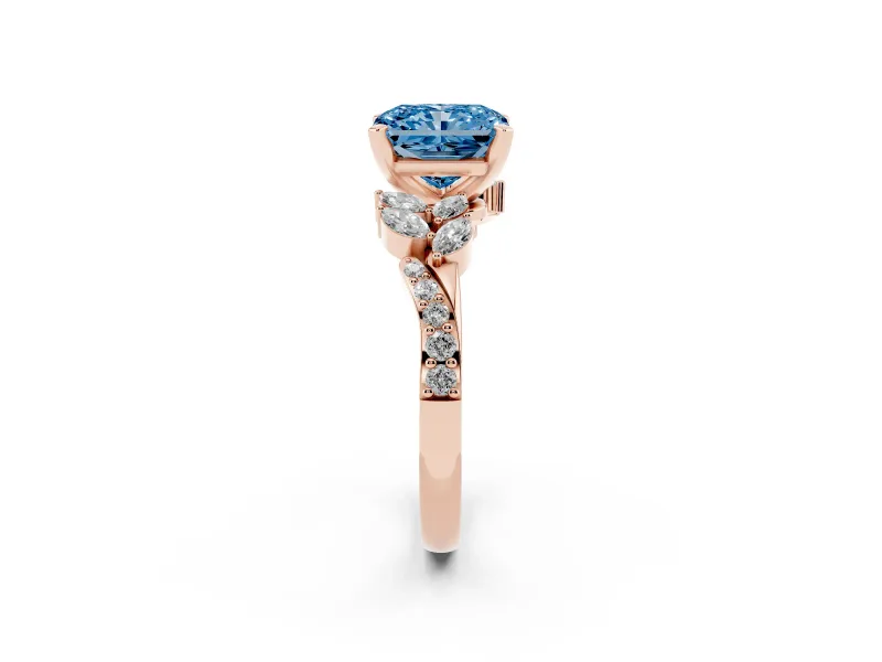 Fancy Blue Radiant Cut Diamond Solitaire Ring Set in Rose gold with Marquise Twist Band and Prong Setting