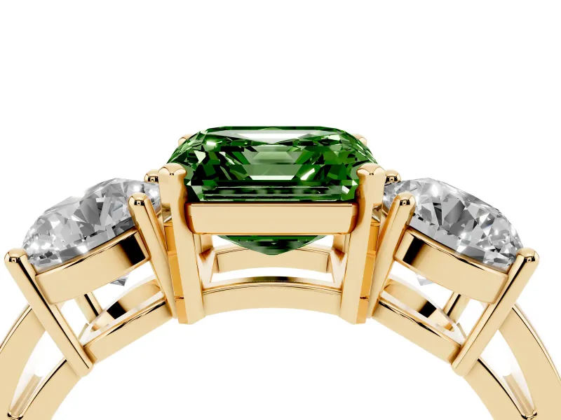 Asscher Cut Three Stone Engagement Ring Setting for a Fancy Green Lab-Grown Diamond | Wide Plain Band | Yellow Gold