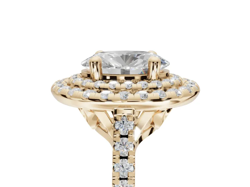 Oval Lab-Grown Diamond Double Halo Statement Ring Set in Yellow Gold with Pavé Band