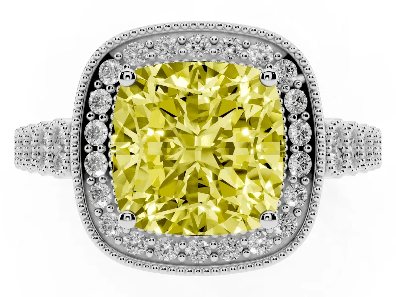 Cushion Cut Graduated Milgrain Halo Engagement Ring Setting for a Fancy Yellow Lab-Grown Diamond | White Gold