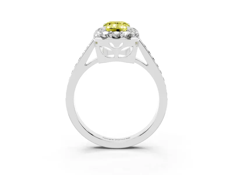 Fancy Yellow Emerald Cut Diamond Floral Halo Ring Set in Silver with Pavé Band and Prong Setting
