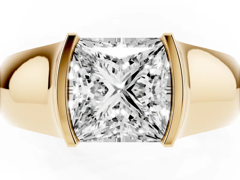 Princess Cut Half Bezel Solitaire Engagement Ring Setting | Wide Band | Yellow Gold