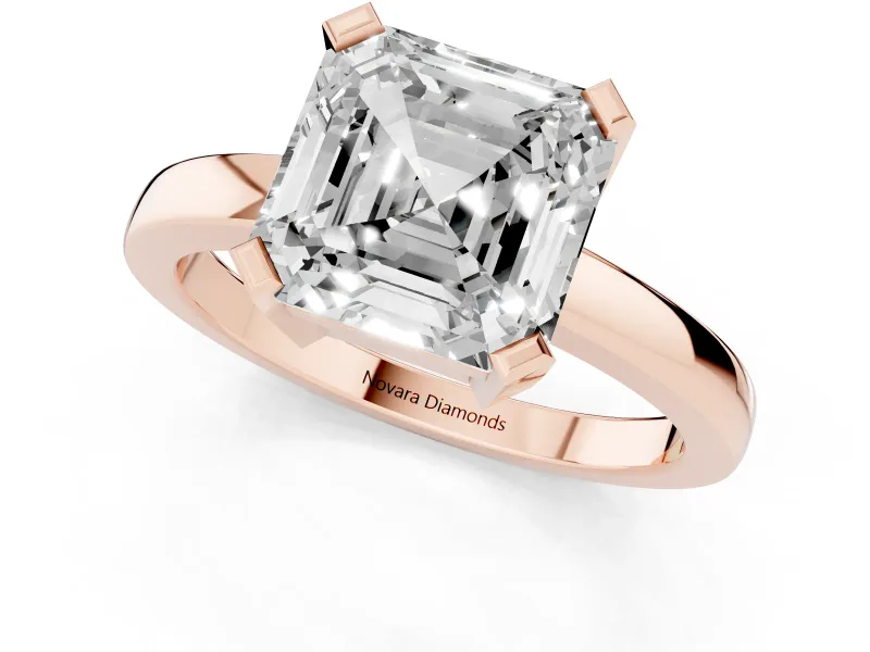 Asscher Cut Diamond Solitaire Ring Set in Rose gold with Prong Head and Smooth Polished Band
