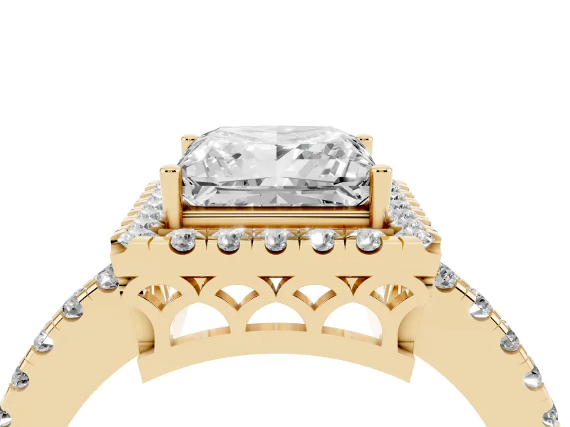Princess Cut Diamond Pavé Band Halo Engagement Ring Set in Yellow gold with Prong Setting