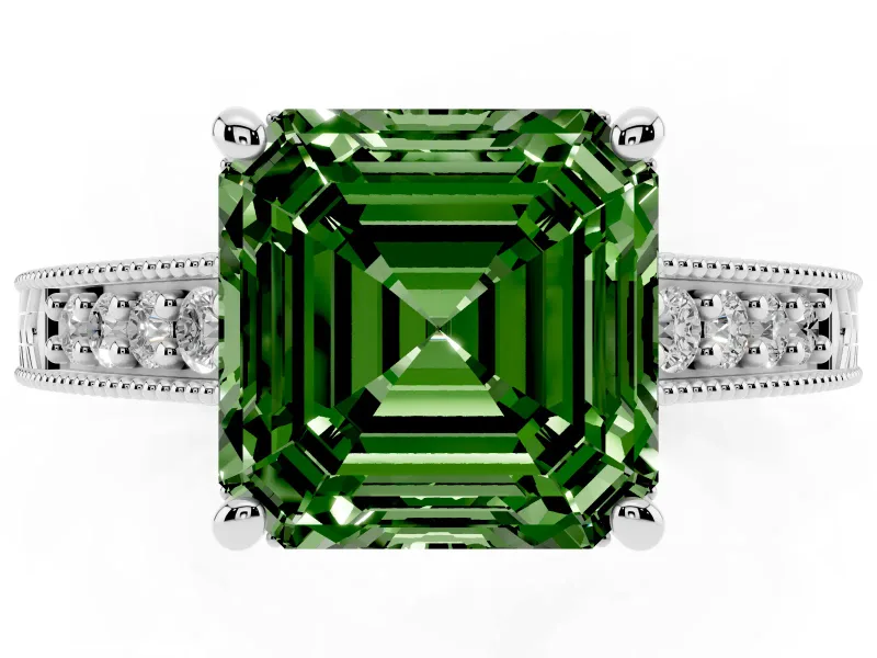 Asscher Cut Engraved Engagement Ring Setting for a Fancy Green Lab-Grown Diamond | White Gold