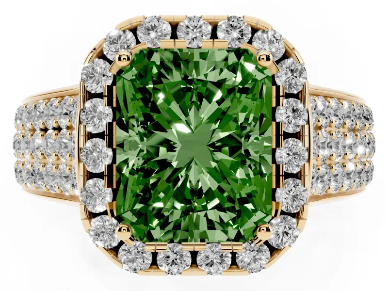 Radiant Cut Pavé Engagement Ring Setting for a Fancy Green Lab-Grown Diamond | Wide Three-Row Band | Yellow Gold