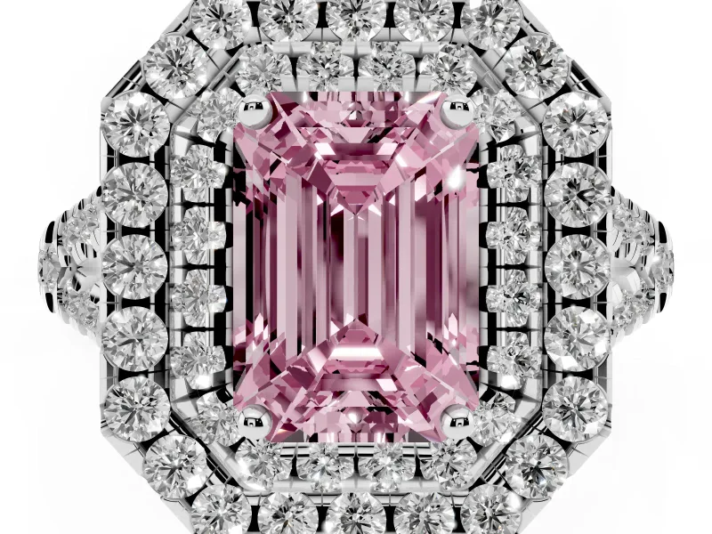 Emerald Cut Halo Split Shank Engagement Ring Setting for a Fancy Pink Lab-Grown Diamond | Pavé Strands | Platinum