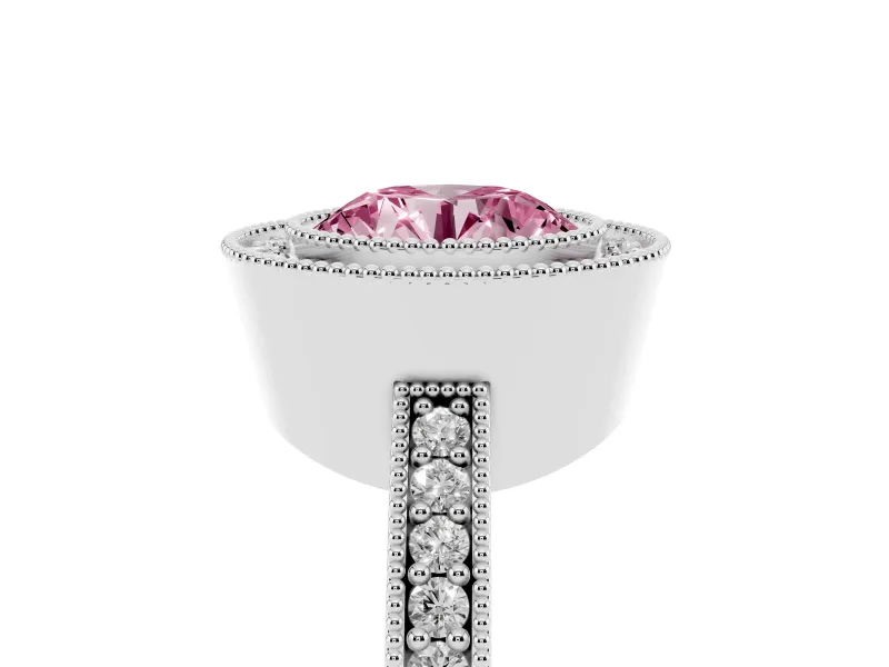 Fancy Pink Round Cut Diamond Halo Engagement Ring Set in White gold with Pavé Band and Round Halo Stones