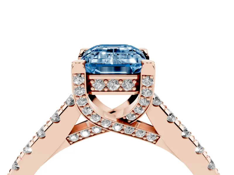 Emerald Cut Hidden Halo Pave Engagement Ring Setting for a Fancy Blue Lab-Grown Diamond | Claw Prongs | Rose Gold