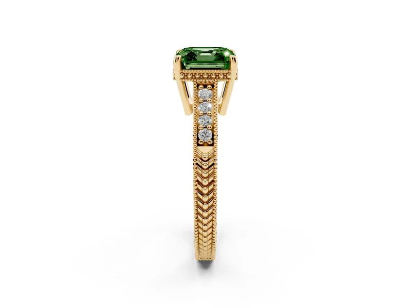 Asscher Cut Engraved Engagement Ring Setting for a Fancy Green Lab-Grown Diamond | Yellow Gold