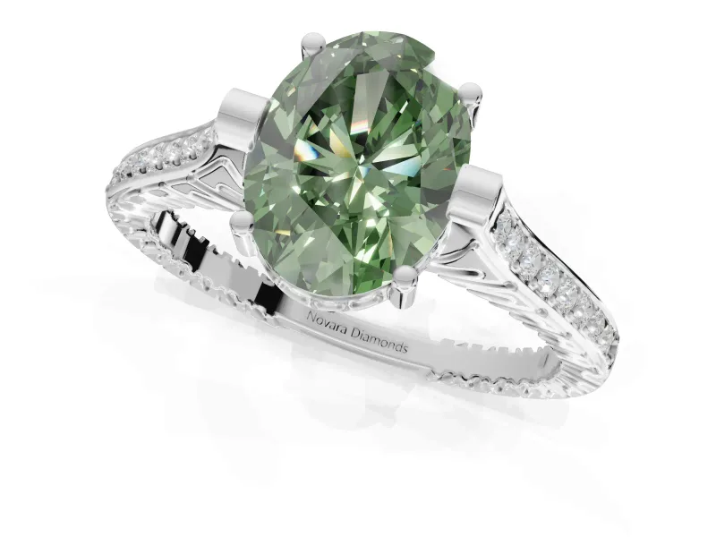Oval Vintage Cathedral Engagement Ring Setting for a Fancy Green Lab-Grown Diamond | Carved Band | Platinum