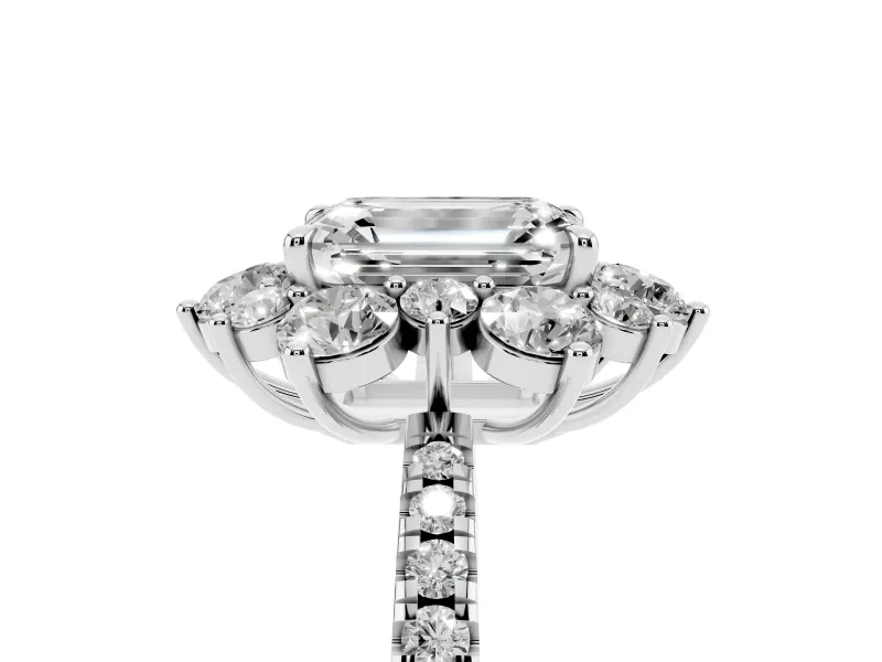 Emerald Cut Diamond Floral Halo Ring Set in Platinum with Round Pavé Band and Prong Setting