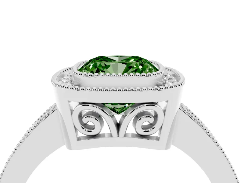 Fancy Green Cushion Cut Diamond Halo Ring Set in Platinum with Pavé Band and Milgrain-Edged Prongs