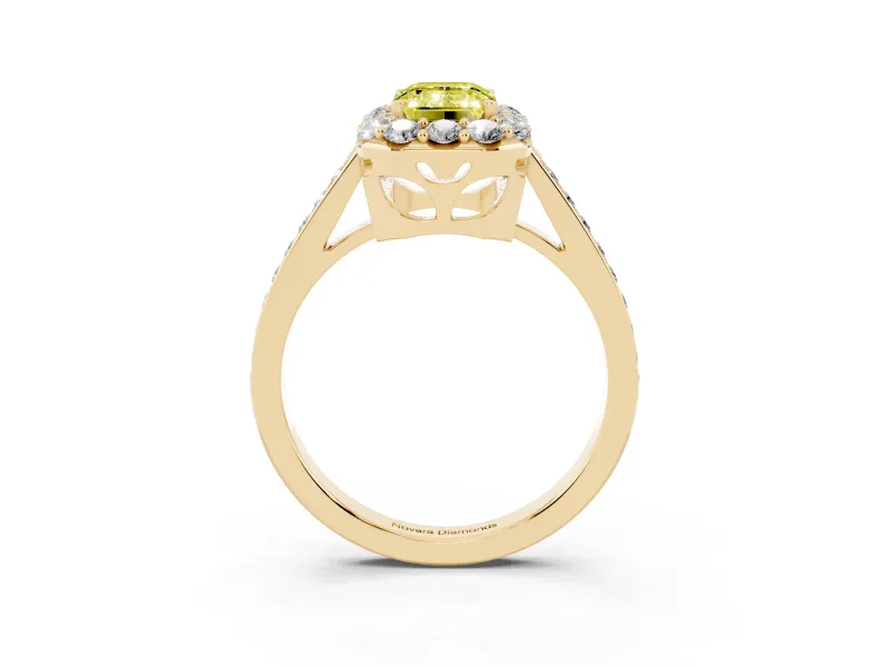 Fancy Yellow Emerald Cut Diamond Floral Halo Ring Set in Yellow gold with Pavé Band and Prong Setting