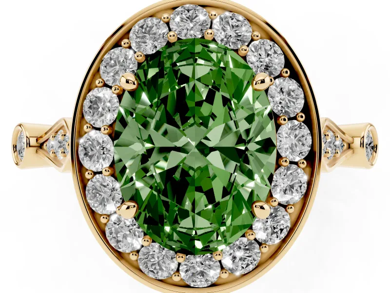 Oval Halo Engagement Ring Setting for a Fancy Green Lab-Grown Diamond | Bezel Stations | Yellow Gold
