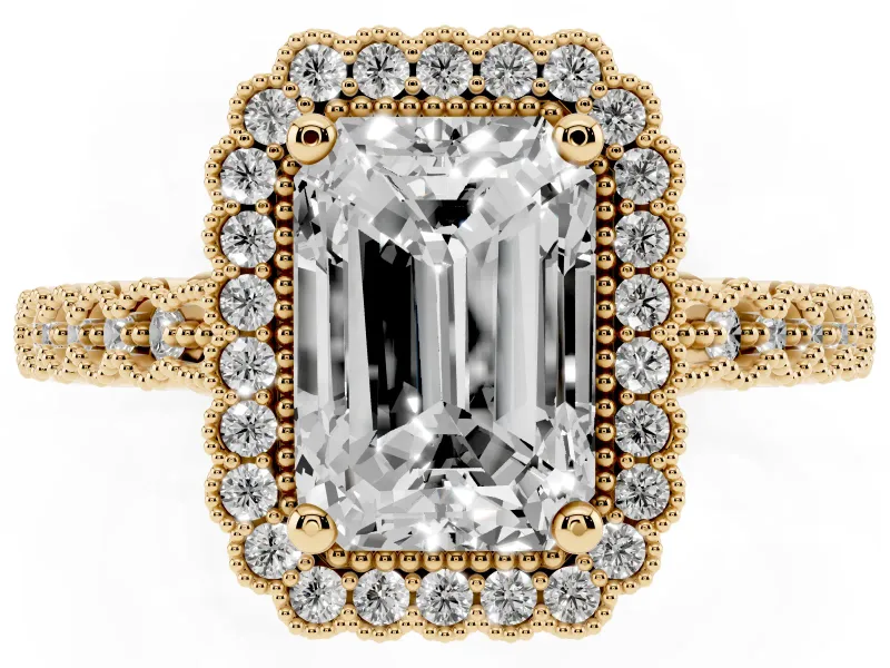 Radiant Cut Vintage Milgrain Halo Engagement Ring Setting | Beaded Pavé Shoulders | Yellow Gold