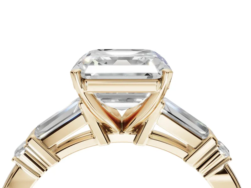 Asscher Cut Tapered Baguette Engagement Ring Setting | Bar Set Sides | Yellow Gold