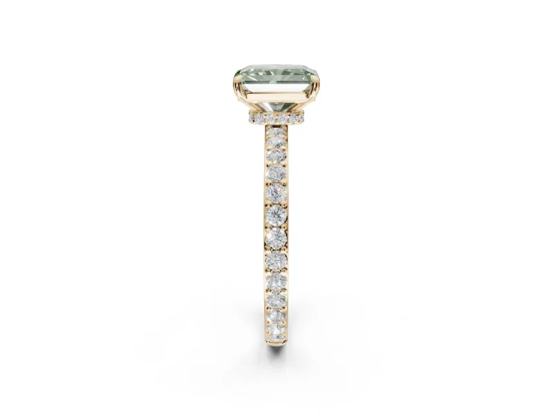 Radiant Cut Hidden Halo Engagement Ring Setting for a Fancy Green Lab-Grown Diamond | Pavé Band | Yellow Gold