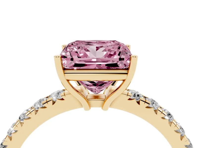 Princess Cut Pave Engagement Ring Setting for a Fancy Pink Lab-Grown Diamond | Shared Prong Band | Yellow Gold