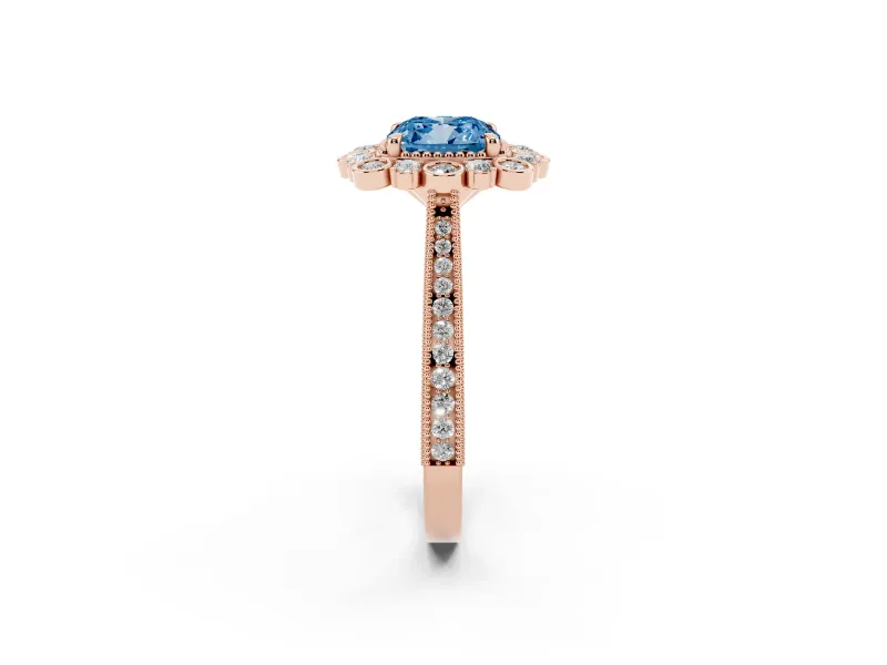Cushion Cut Scalloped Halo Engagement Ring Setting for a Fancy Blue Lab-Grown Diamond | Milgrain Edges | Rose Gold