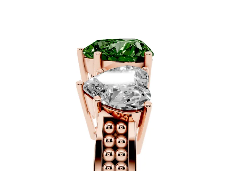 Heart-Shaped Three Stone Engagement Ring Setting for a Fancy Green Lab-Grown Diamond | Beaded Shoulders | Rose Gold