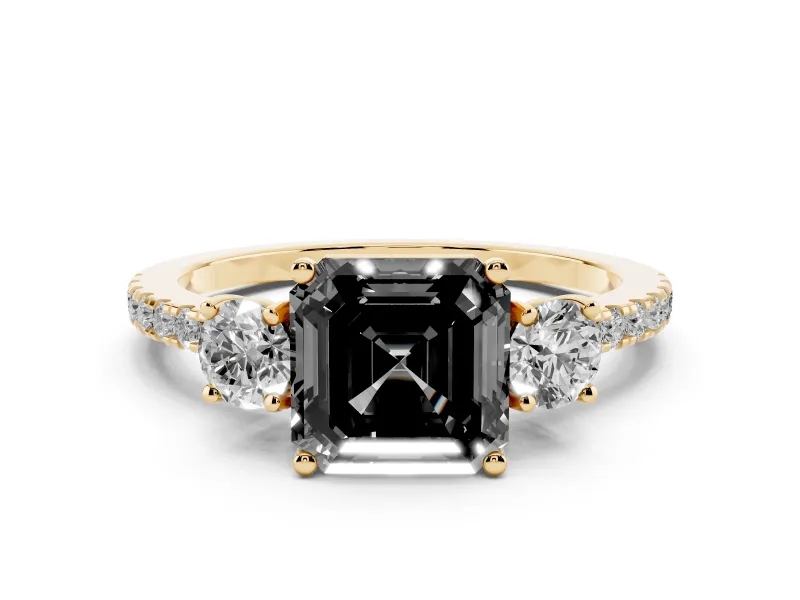 Fancy Black Asscher Cut Diamond Three-Stone Ring Set in Yellow gold with Pavé Band and Graduated Sides