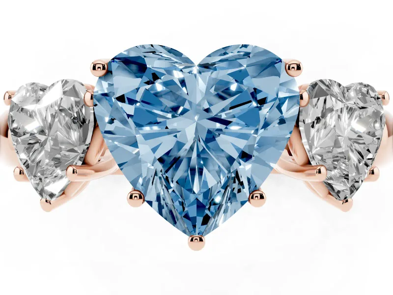 Heart-Shaped Three Stone Engagement Ring Setting for a Fancy Blue Lab-Grown Diamond | Matching Side Stones | Rose Gold