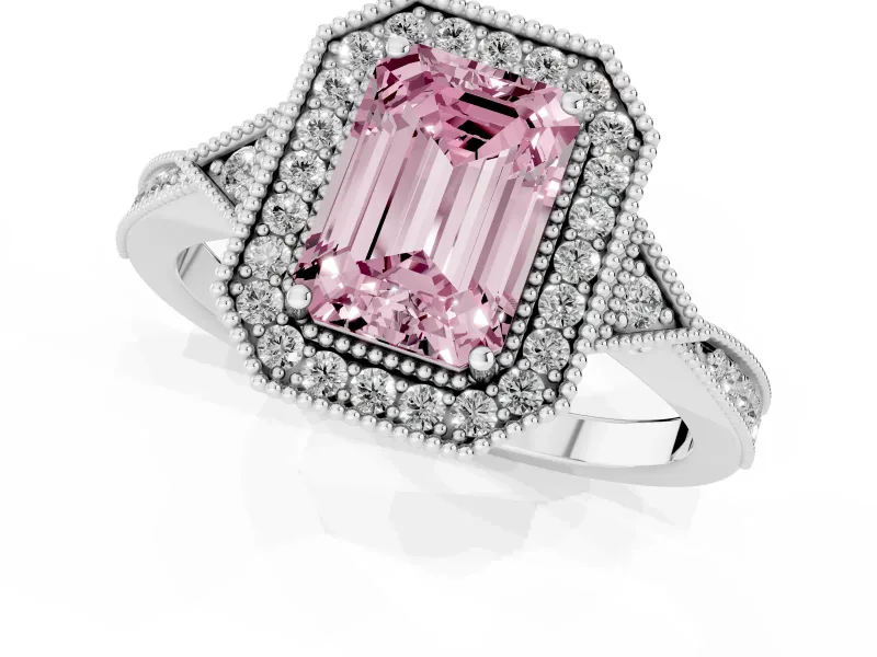 Emerald Cut Milgrain Halo Engagement Ring Setting for a Fancy Pink Lab-Grown Diamond | Graduated Pavé | White Gold