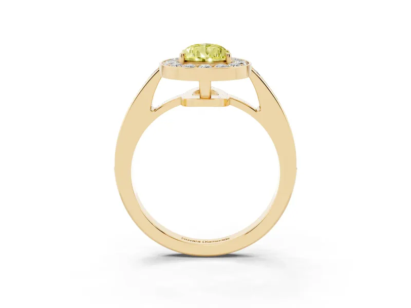 Fancy Yellow Pear Cut Diamond Halo Pavé Engagement Ring Set in Yellow gold with Bezel Setting