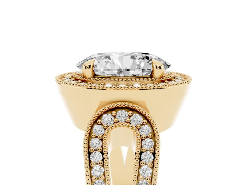 Oval Vintage Milgrain Halo Engagement Ring Setting | Open Loop Pave Shoulders | Yellow Gold