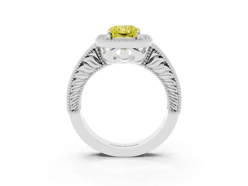 Fancy Yellow Radiant Cut Diamond Halo Ring Set in White gold with Round Accent Halo, Pavé Band and Prong Setting