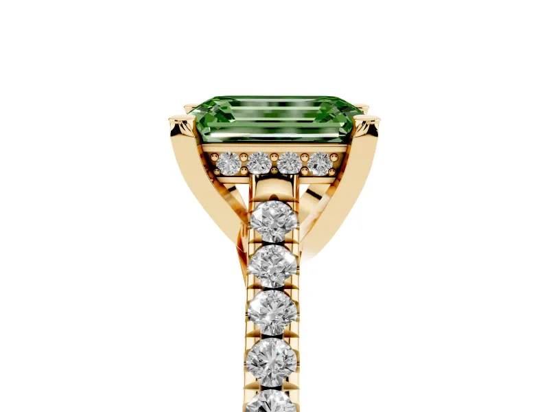 Emerald Cut Hidden Halo Pave Engagement Ring Setting for a Fancy Green Lab-Grown Diamond | Claw Prongs | Yellow Gold