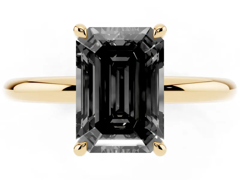 Emerald Cut Hidden Halo Engagement Ring Setting for a Black Center | Thin Plain Band | Yellow Gold