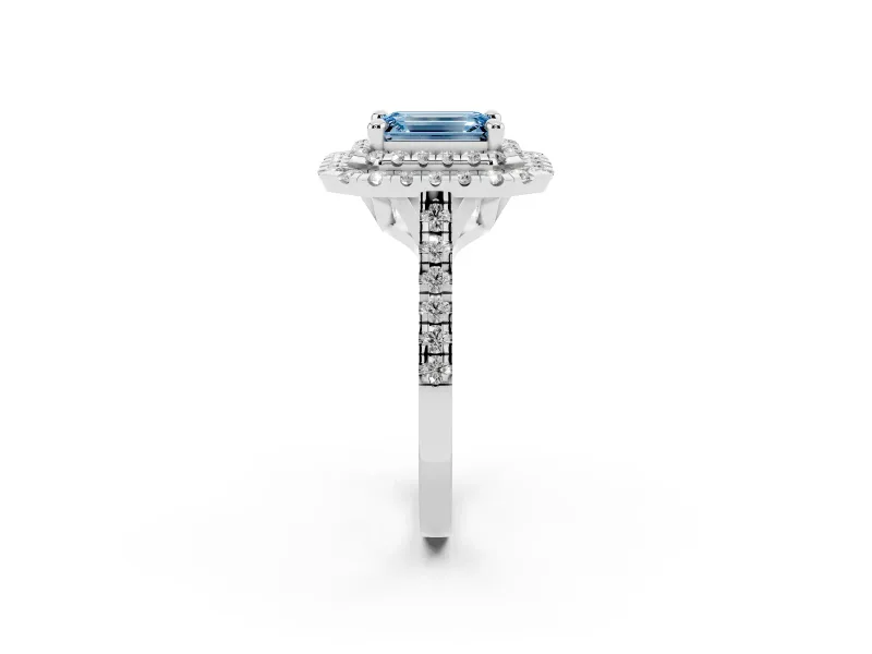 Emerald Cut Double Halo Engagement Ring Setting for a Fancy Blue Lab-Grown Diamond | Pave Shoulders | Sterling Silver