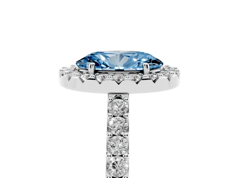 Fancy Blue Oval Cut Diamond Halo Pavé Solitaire Ring Set in White gold with Prong-Set Center Stone