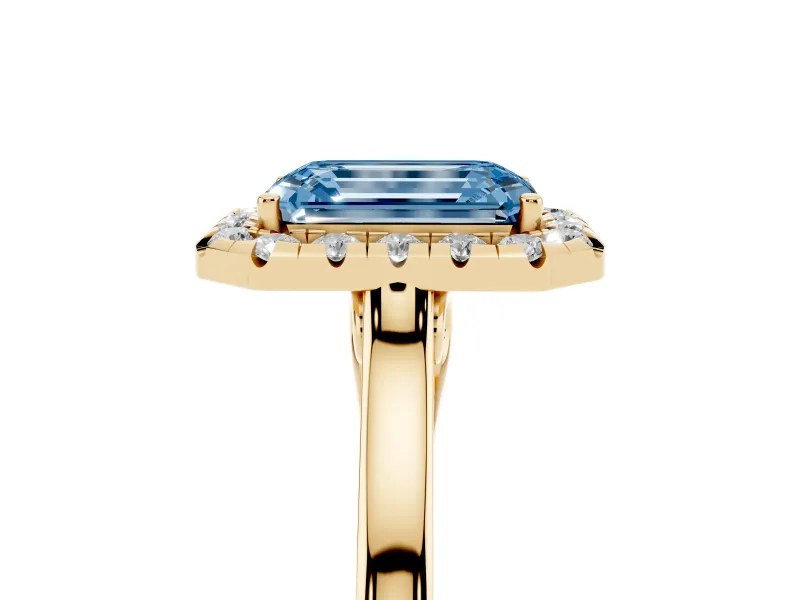 Emerald Cut Halo Engagement Ring Setting for a Fancy Blue Lab-Grown Diamond | Flat Tapered Band | Yellow Gold