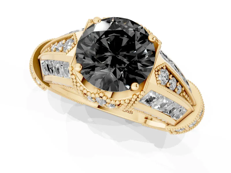 Round Vintage Milgrain Engagement Ring Setting for a Black Center | Hidden Halo | Yellow Gold